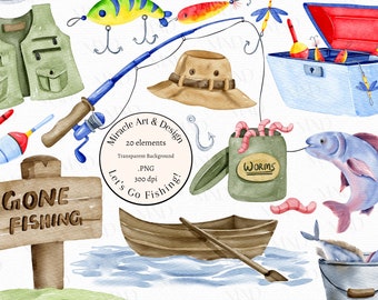 Watercolor Fishing Clipart Set: Father's Day PNG Graphics (Digital Download)