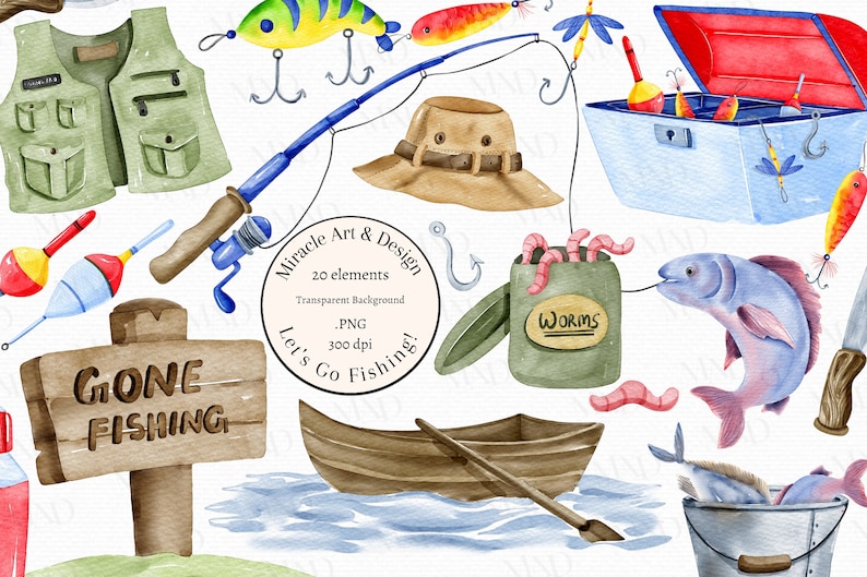 May include: A watercolor illustration set of fishing themed clipart. The set includes a fishing rod, a fishing vest, a bucket of worms, a fishing hat, a boat, a sign that says "Gone Fishing", and various fishing lures.