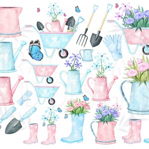 K&ouml;nnte beinhalten: Ein Set mit Aquarell-Illustrationen von Gartenger&auml;ten, Blumen und Pflanzen. Die Illustrationen beinhalten Gie&szlig;kannen, Schubkarren, Schaufeln, Rechen, Handschuhe, Stiefel und Blumen in verschiedenen Farben.