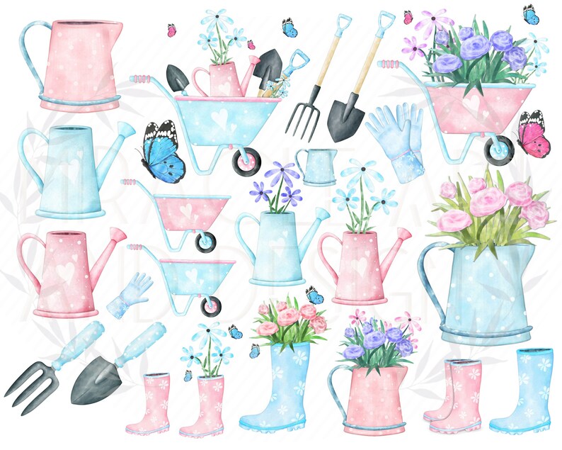 K&ouml;nnte beinhalten: Ein Set mit Aquarell-Illustrationen von Gartenger&auml;ten, Blumen und Pflanzen. Die Illustrationen beinhalten Gie&szlig;kannen, Schubkarren, Schaufeln, Rechen, Handschuhe, Stiefel und Blumen in verschiedenen Farben.