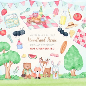 Aquarell Picknick Clipart niedliche Waldtiere Sommer Picknick Grafiken Wald Picknick Party PNG Picknick verbreiten Landschaft Sublimation