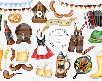 Imágenes prediseñadas de Oktoberfest en acuarela: Gráficos PNG de festival de cerveza (Descarga digital, uso comercial permitido)
