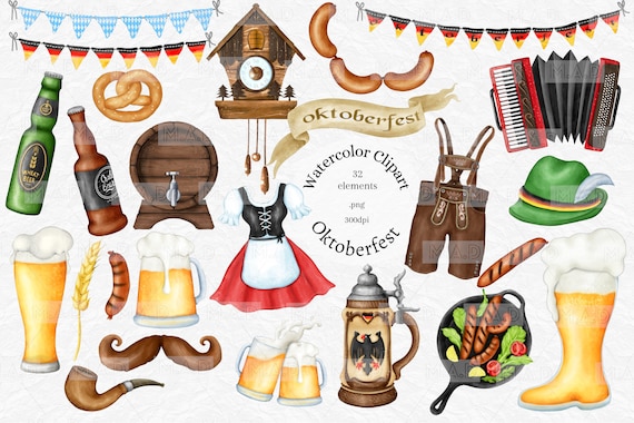 Watercolor Oktoberfest Clipart: Beer Fest PNG Graphics (Digital Download, Commercial Use Allowed