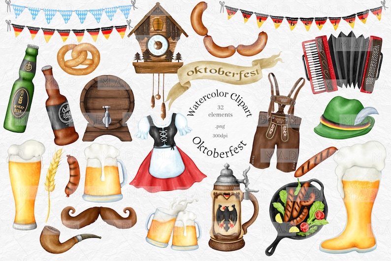 May include: Watercolor clipart set of Oktoberfest themed illustrations. Includes a traditional German beer stein, pretzel, accordion, and more. 32 elements, 300dpi, png.