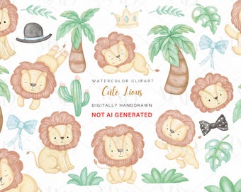 Imágenes prediseñadas de león en acuarela, paquete de imágenes PNG de cachorros de león, imágenes prediseñadas de safari en la jungla en acuarela, gráficos PNG para sublimación, descarga digital