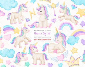Paquete de imágenes prediseñadas de unicornios en acuarela: Imágenes para baby shower (descarga digital)