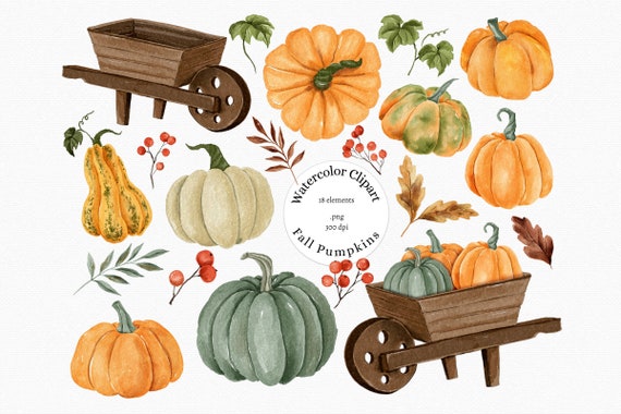 Watercolor Pumpkins Clipart: Fall Harvest PNG (Commercial Use)