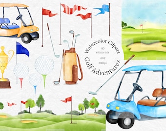 May include: Watercolor clipart set featuring golf-themed illustrations. Includes golf carts, golf balls on tees, golf clubs, flags, a trophy, and a golf course scene. The text reads "Golf Adventures" and "Watercolor Clipart".