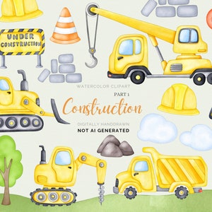 Clipart de construção, clipart de veículos de construção em aquarela, caminhão basculante, escavadeira, guindaste, máquinas de construção, carros de menino, sublimação, png,