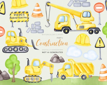 Watercolor Construction Vehicle Clipart: Dump Truck, Crane, Bulldozer (PNG Digital Download)