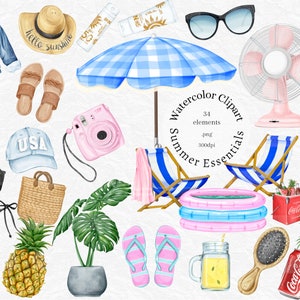 Summer Clipart, Watercolor clip art, summer essential, beach fashion illustration, tropical, pineapple, lemonade ice cream, pool party, png,