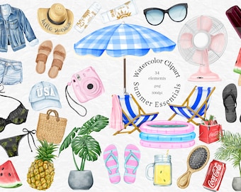 Summer Clipart, Watercolor clip art, summer essential, beach fashion illustration, tropical, pineapple, lemonade ice cream, pool party, png,