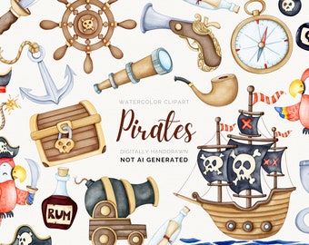 Watercolor Pirate Clipart: Nautical PNG Graphics (Digital Download)