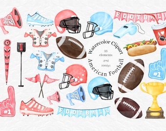水彩画のアメリカンフットボール クリップアート セット: 33 種類の PNG グラフィック (デジタル ダウンロード、商用利用可*)