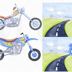 May include: Two blue and yellow motorcycles with flames on the side. The larger motorcycle is a chopper with a brown seat. The smaller motorcycle is a dirt bike. Both motorcycles are on a white background. The image also includes two watercolor illustrations of a winding road with a blue sky and clouds. One road has a blue Route 66 sign.