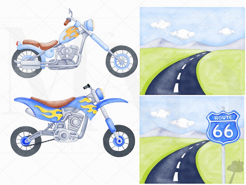 May include: Two blue and yellow motorcycles with flames on the side. The larger motorcycle is a chopper with a brown seat. The smaller motorcycle is a dirt bike. Both motorcycles are on a white background. The image also includes two watercolor illustrations of a winding road with a blue sky and clouds. One road has a blue Route 66 sign.