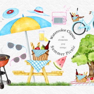 Sommer Picknick Clip Art Set Aquarell Grill Clipart BBQ Party Png niedlich Fahrrad Picknickkorb Picknick verbreiten Planer Aufkleber Kommerziell