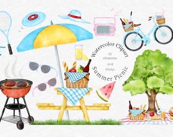 Imágenes Prediseñadas de Picnic de verano, imágenes prediseñadas de fiesta de barbacoa de barbacoa de acuarela, bicicleta, hamburguesa, cesta, paraguas, vino tinto, pegatinas de planificador, uso comercial