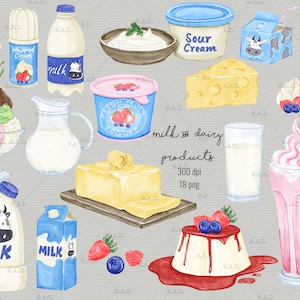 Watercolor Dairy Clipart, Milk Clip art, Cheese, Butter, Milk Jug, Yogurt clipart, Milkshake, Ice cream, png, commercial use, jug clipart