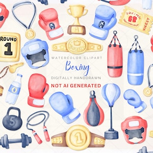 Pacote de clipart de boxe, clipart de luvas de boxe em aquarela, campeonato de boxe, png de sublimação, uso comercial ok