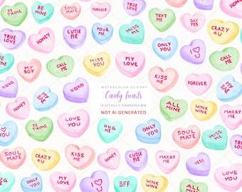 Conversation Heart Candy Watercolor Clipart: Valentine's Day PNG (Digital Download