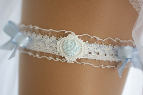 EVA Lingerie Lace Garter Blue with tulle flower and decorative stones