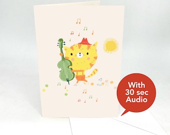 Recordable Audio Greeting Cards - Cute Bass Cat - With 30 Seconds Audio