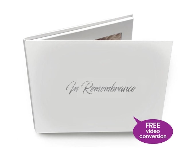 Video Book With 'In Remembrance' Silver Foiled on cover. 7" IPS Video Brochure, Hard Backed, Upload Your Own, 4GB memory - 4 hour run time.