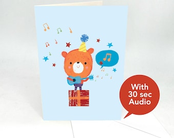 Recordable Audio Greeting Cards - Cute Guitar Bear - With 30 Seconds Audio