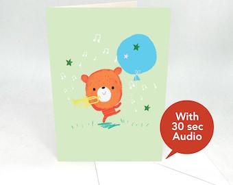 Recordable Audio Greeting Cards - Cute Trumpet Bear - With 30 Seconds Audio