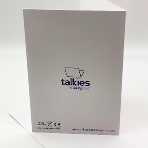 May include: White card with a blue speech bubble logo that says "talkies by TalkingPrint". The bottom of the card has the website address "www.talkiesbytalkingprint.com" and a CE mark.