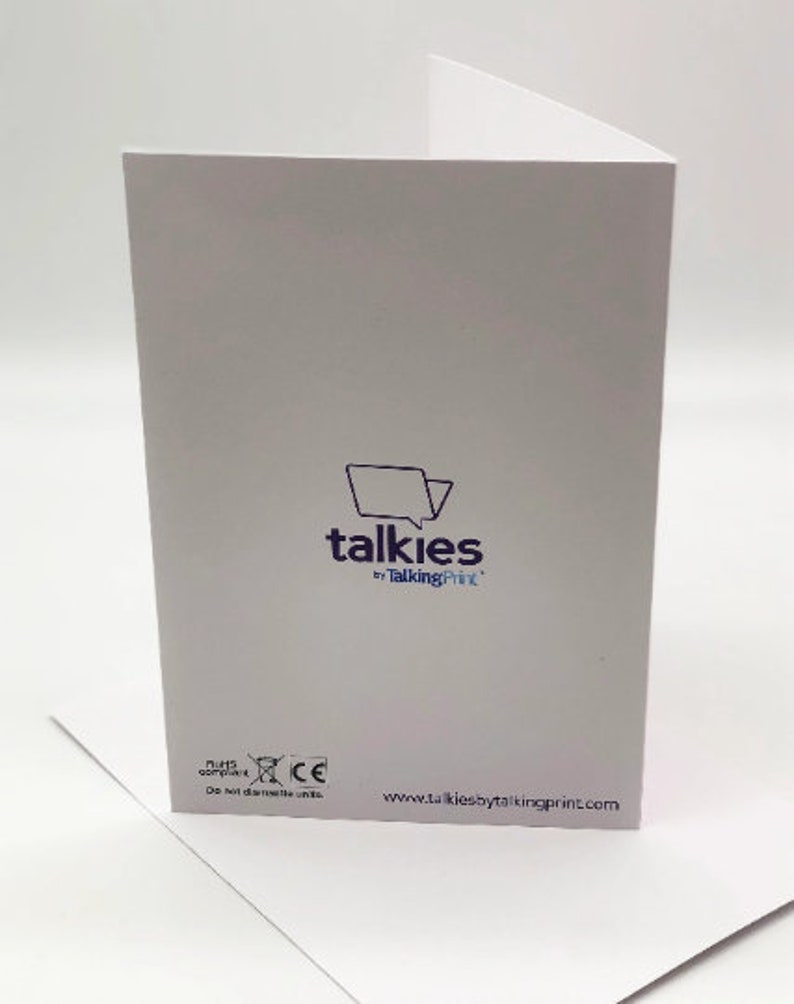 May include: White card with a blue speech bubble logo that says "talkies by TalkingPrint". The bottom of the card has the website address "www.talkiesbytalkingprint.com" and a CE mark.