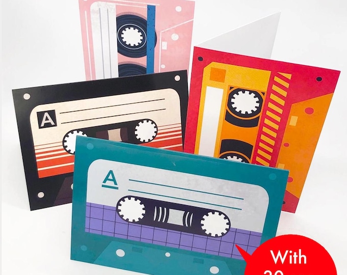 Recordable Mixtape Greeting Cards - 4 Pack - 30 Second Audio. Add Your Own Tunes, Sounds, Music. Special Price!