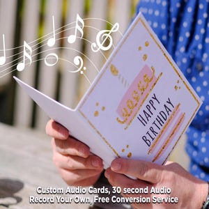 Tarjetas de felicitación con audio personalizadas. Cubierta impresa personalizada. Audio de 30 segundos.