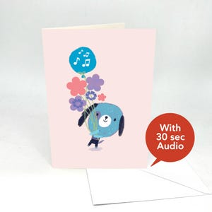 Tarjetas de audio con audio grabable - Lindo perro con globos y flores - Con audio de 30 segundos