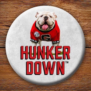 Uga X Mascot &quot;Hunker Down&quot; 3&quot; Pin-Back Button - Georgia Bulldogs Tailgating & Gifts