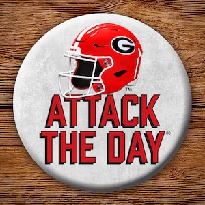 UGA Football Power G Helmet &quot;Attack the Day&quot; 3&quot; Pin-Back Button - Georgia Bulldogs Tailgating & Gifts