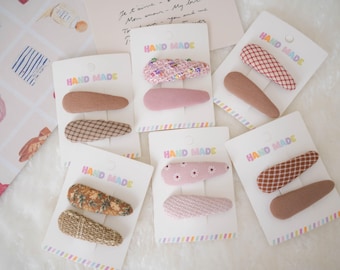 Handmade Fabric Hair Clips (Set of 2) – Neutral Textured Snap Barrettes for Girls & Women | Vintage Minimalist Hair Accessories