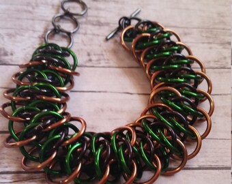 Loki inspirado Chainmaille Pulsera- Bronce Verde Negro - Viperscale- Aluminio