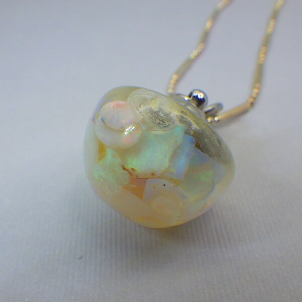 Floating Opal Pendant Necklace Long Sterling Chain Unique Gift Vintage Jewelry Glass Globe One Inch Size Genuine Opal Gems Gift For Her