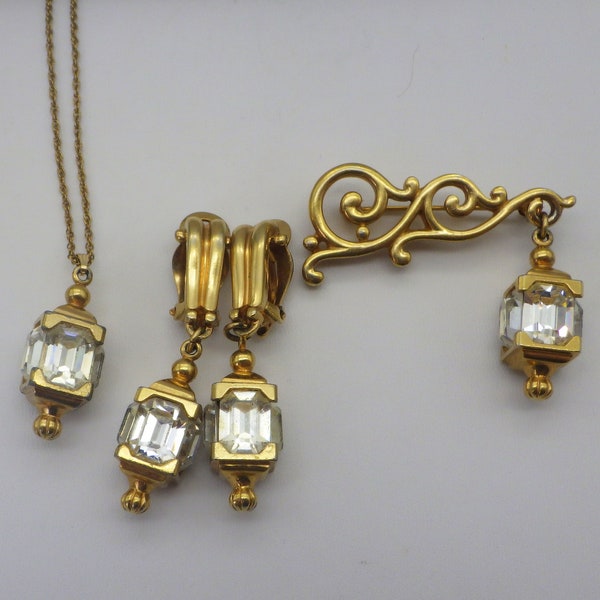 Rare Pennino Jewelry Set, Earrings, Brooch, Pendant Necklace, Designer Signed, Vintage 1940s, Crystal Accents, Lantern Motif, Gold, Ladies