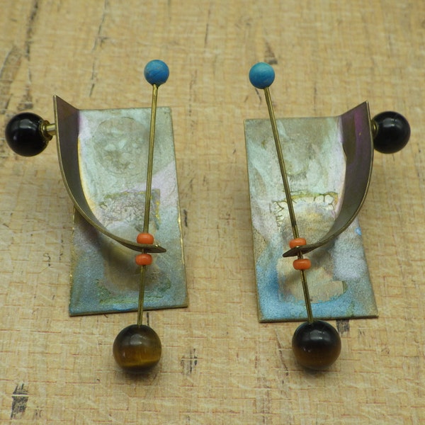 Vintage Modernist Handmade Mechanical Earrings with Gemstone Counter Weights, One of A Kind, 1980s, Artisan Crafted, Ladies Earrings, Posts,