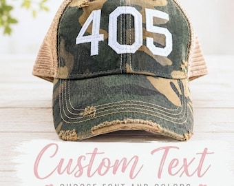 Embroidered Trucker Hat: Custom Text, Number, Area Code, Camo +, Mesh Snapback, Texas Tennessee Gift