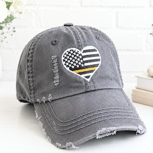 Women's Thin Gold Line Hat: 911 Dispatcher Embroidered Heart Flag, Baseball Cap, Gift Clothing