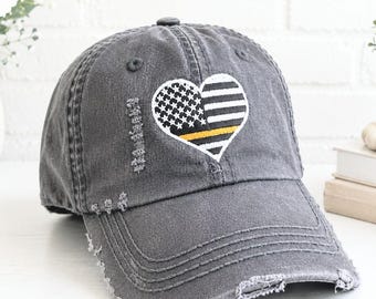 Women's Thin Gold Line Hat: 911 Dispatcher Embroidered Heart Flag, Baseball Cap, Gift Clothing