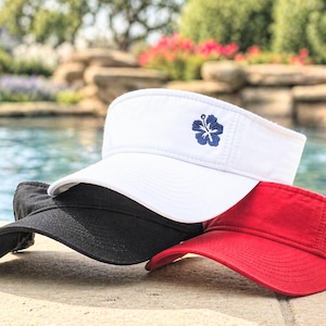 Visière brodée d'hibiscus : bonnet tropical pour femme, blanc noir rouge + plage, vêtements cadeau Hawaï, Floride