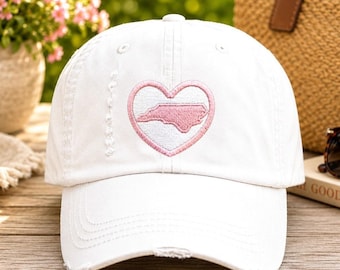 Embroidered North Carolina State Shape Outline Heart Baseball Cap - Women's Hat, Love Home, Gift