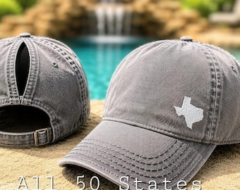 Embroidered 50 States High Ponytail Cap: Women's Messy Bun Hat Texas Tennessee +, Small Corner