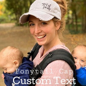 Custom text ponytail cap messy bun hat, cursive font +, mom boys twin mama gift
