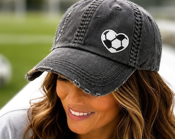 Women's Soccer Hat: Embroidered Ball Heart Mom Baseball Cap, Optional Name Number, Gift Clothing
